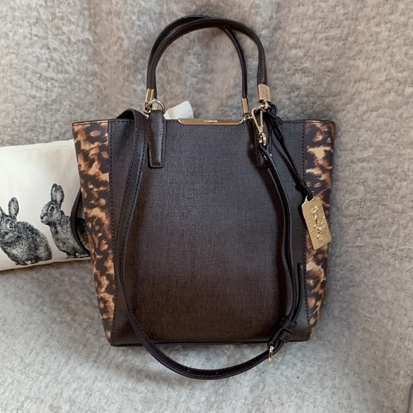COACH Madison Mini North/South Colorblock Leopard/ Brown Saffiano Leather Tote - Picture 2 of 15